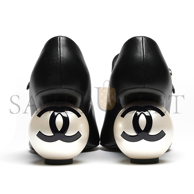 CHANEL MARY JANES LAMBSKIN, PATENT CALFSKIN & IMITATION PEARLS G46775